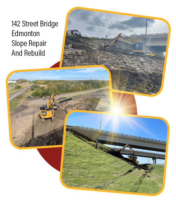 Hi-Tower completed a slope repair and rebuild project at the 142 Street Bridge in Edmonton, ensuring structural stability and erosion control.