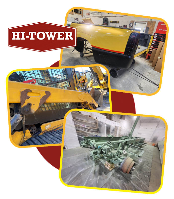 Hi-Tower equipment restoration project featuring refinished heavy machinery, truck bed painting, and structural component refurbishing.