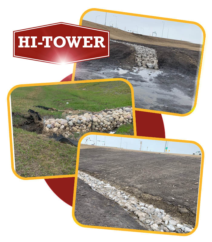 Hi-Tower erosion control project using riprap and drainage stabilization to prevent soil erosion.