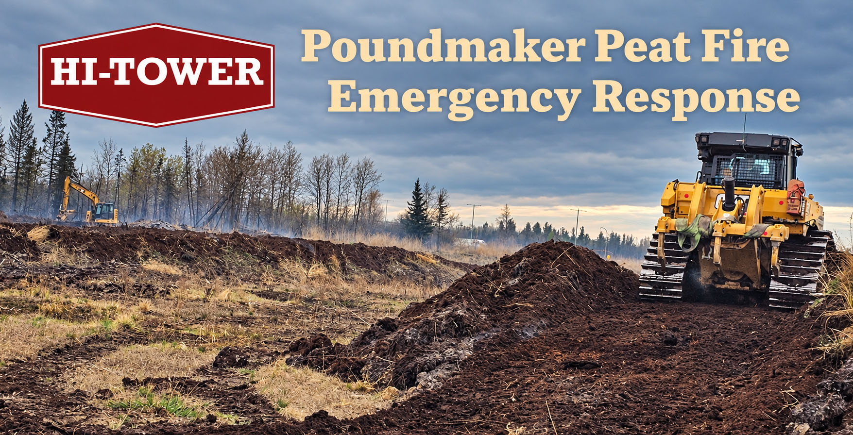 Hi-Tower heavy equipment working on containment and reclamation during the Poundmaker peat fire emergency response in west Edmonton, May 2025.