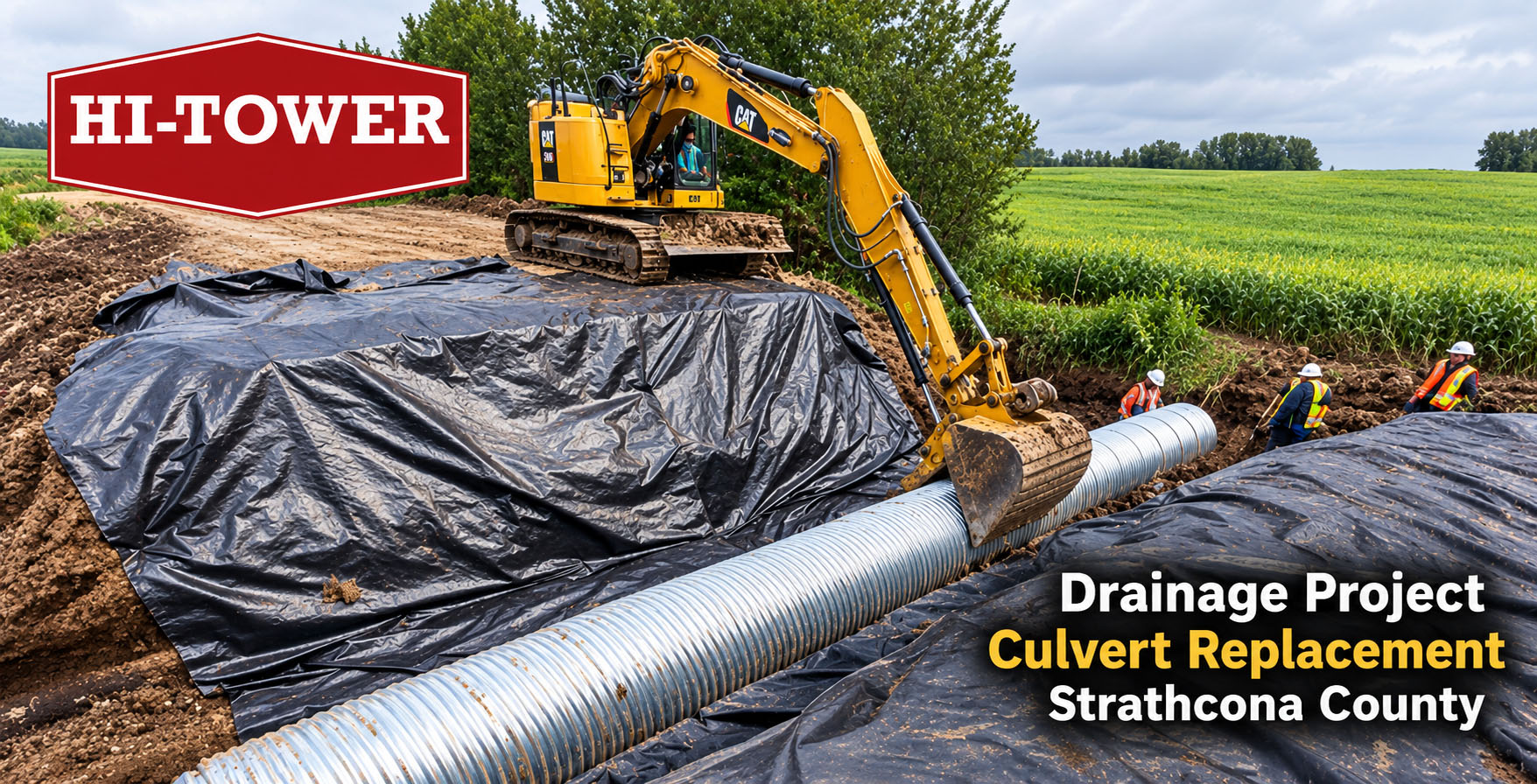 Excavator installing a new culvert as part of the Strathcona County Township 510 Drainage Project. Hi-Tower enhances road stability and water flow management with expert drainage solutions.