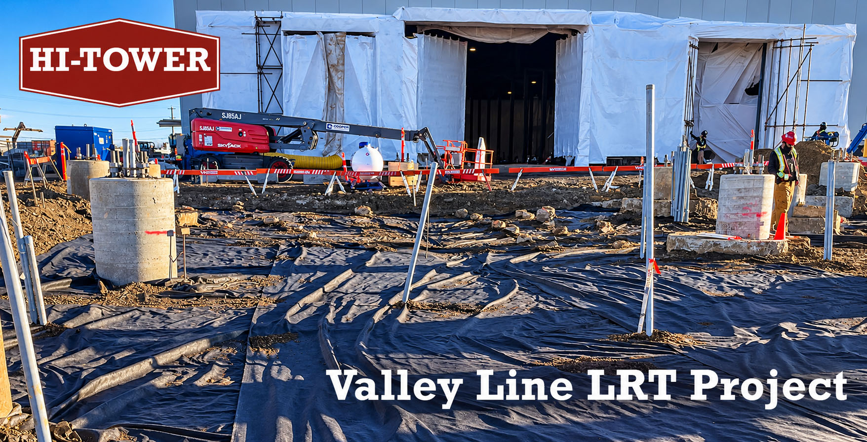 Construction site at the Valley Line LRT project, featuring groundwork preparation, geotextile fabric installation, and structural foundation work at the Gerry Wright Maintenance Shop. Hi-Tower specializes in ballast placement and drainage solutions for rail infrastructure.